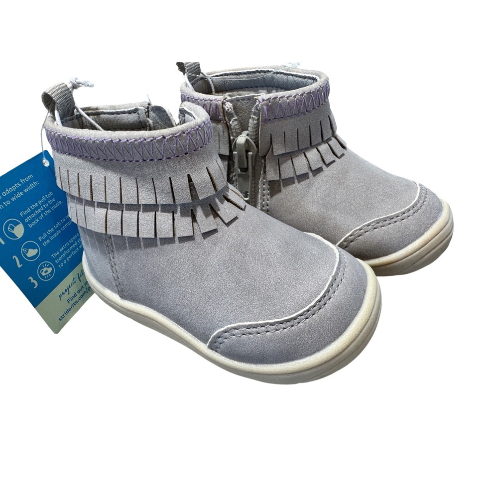 Stride Rite Bianca Fringe Ankle Boots Baby‎ Girls Size 3M Grey Faux Suede Boho